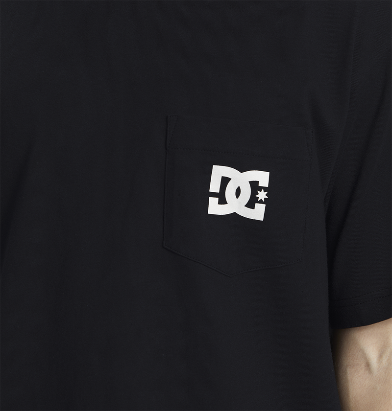 The Men's DC Star Pocket Tee by DC Shoes is a black cotton skate shirt with a relaxed fit and a small chest pocket featuring the iconic white interlocking DC Shoes logo and star.