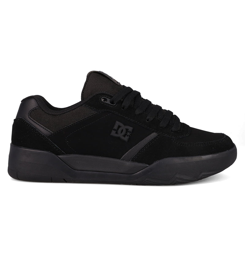 The DC Shoes Men's Fractal features a low-top silhouette in black, with a lace-up front, DC logo on the side, mesh and suede textures, and a thick rubber sole for street style and performance comfort.
