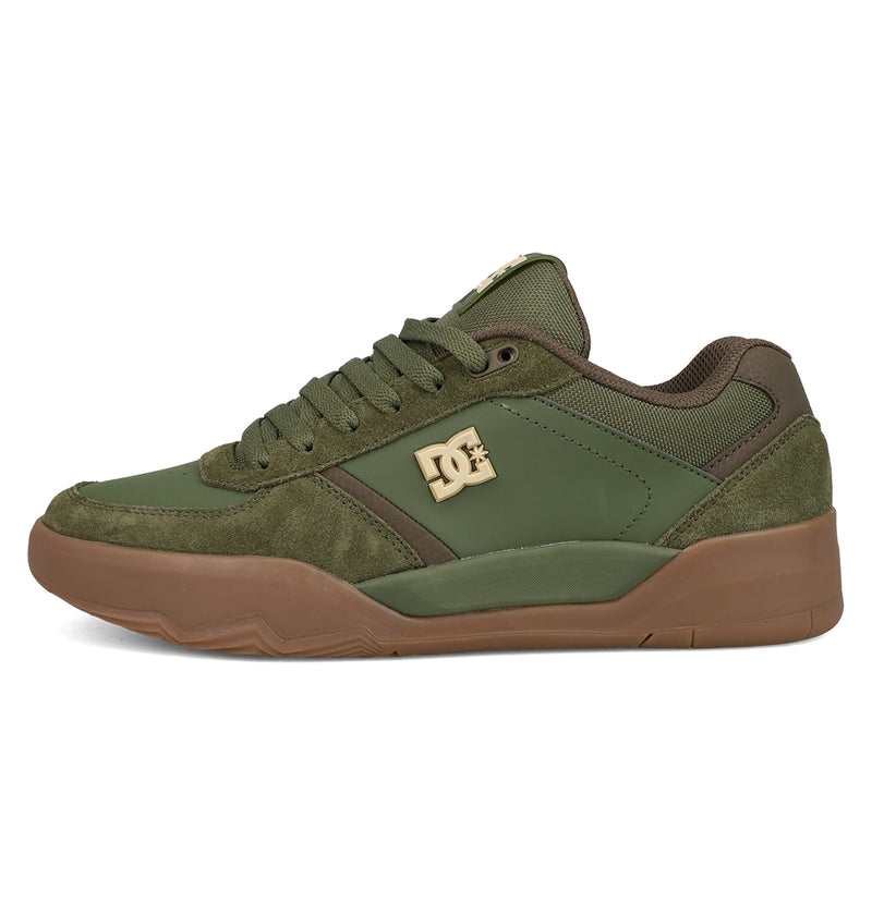 The Men's Fractal Shoes by DC Shoes feature olive green and brown suede and mesh panels, a gum brown sole, and a gold DC logo. This low-top sneaker delivers street-ready style and performance-driven comfort for every session.