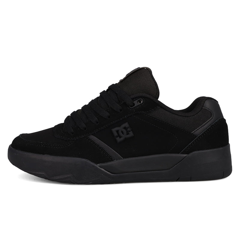 The Men's Fractal Shoes from DC Shoes feature a black low-top design, thick sole, mesh and suede upper, black laces, and the DC logo for performance comfort and street-ready style.