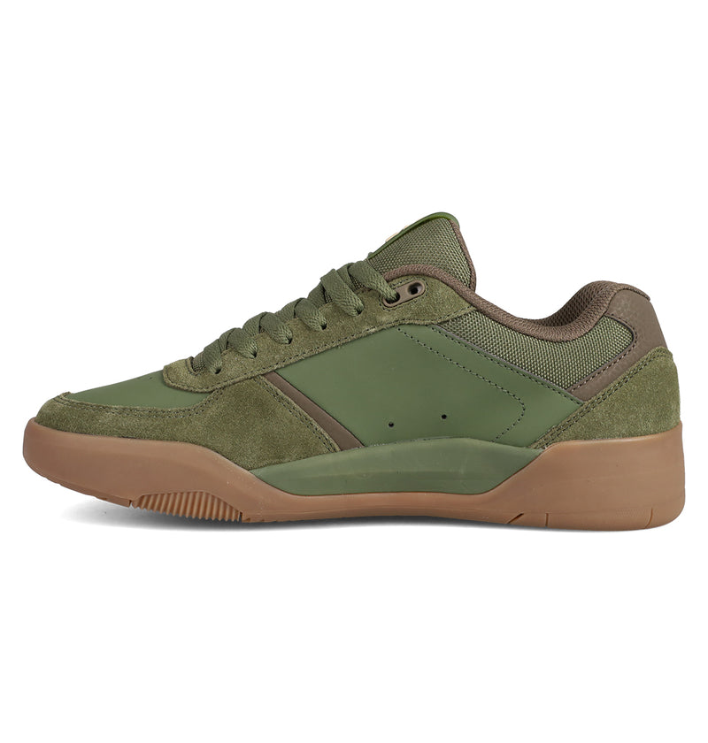 The DC Shoes Men's Fractal Shoes feature green and brown suede and mesh panels, a gum rubber sole, and matching green laces for street-ready style, shown in a low-top side view against a white background.