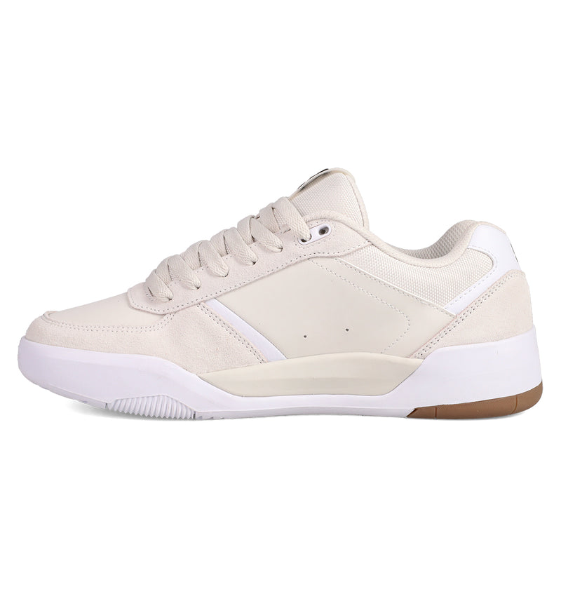 The Men’s Fractal Shoes by DC Shoes feature a beige and white low-top design with lace-up closure, a white midsole, light beige panels, subtle white stripes, and a brown heel accent for street style and comfort.