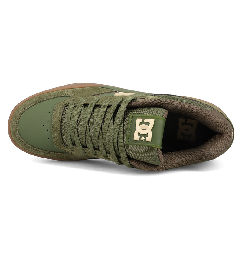 Top view of Men's Fractal Shoes by DC Shoes in olive green, with matching laces and tongue, beige DC Shoes logos on tongue and side, and a brown sole for comfort and street-ready style.