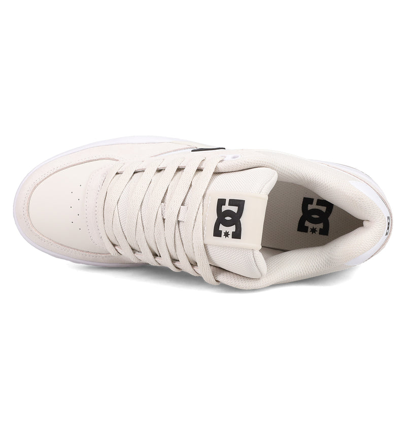 Top view of the DC Shoes Men's Fractal sneaker in beige, featuring white laces, a perforated toe, black DC Shoes logo on the tongue, and padded interior and sides for comfort and street style.