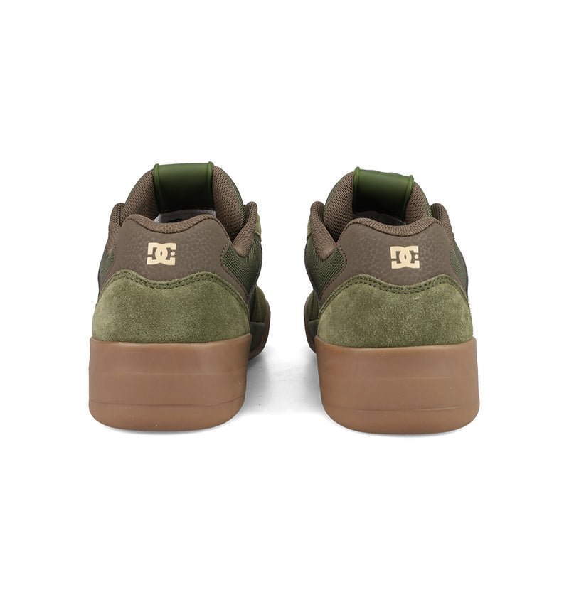 Men's Fractal Shoes by DC Shoes in green and brown, shown from the back with suede details, tan rubber soles, and a white DC logo on the heel for street-ready style.