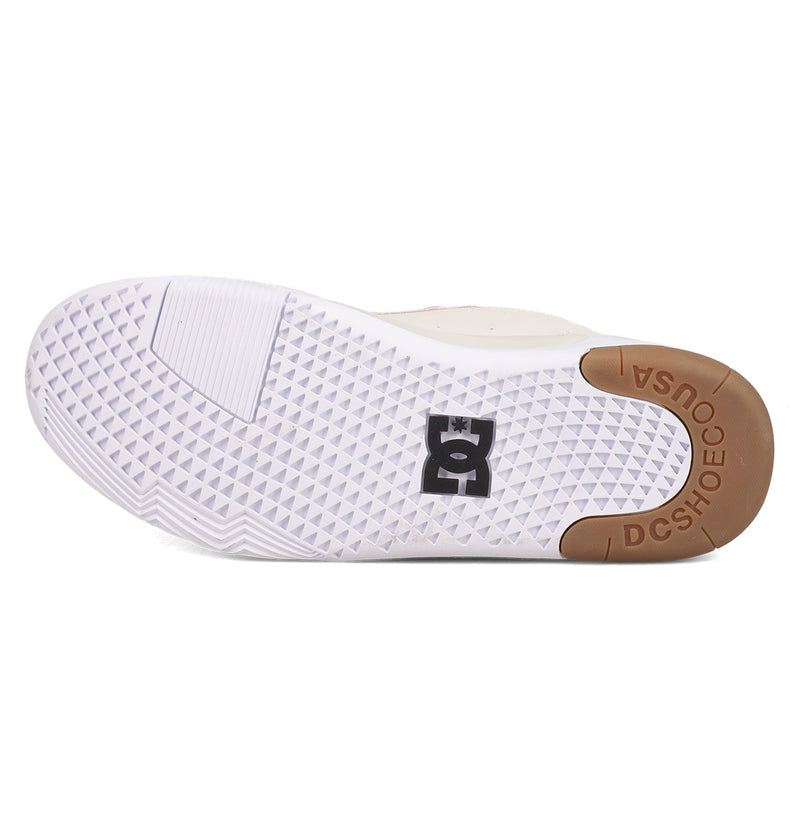 The image displays the outsole of DC Shoes Men's Fractal Shoes, showcasing a fractal-inspired triangular texture for comfort, a brown heel embossed with DC SHOESCO USA, and a black DC logo in the center.
