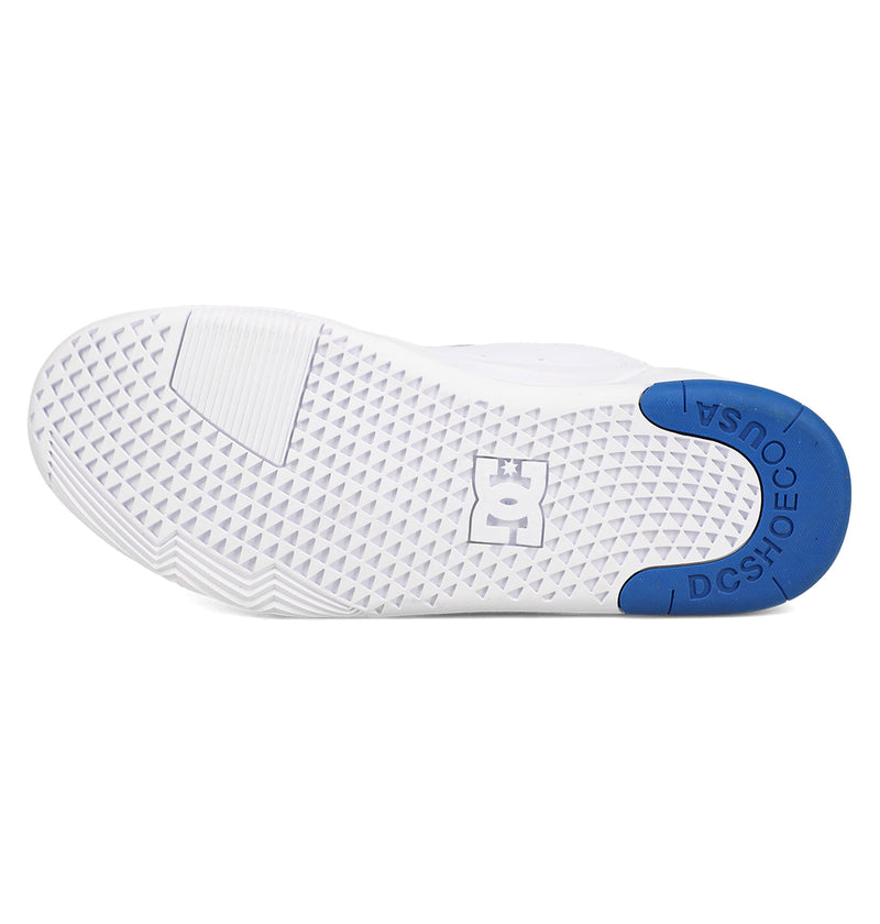 The image displays the white sole of a Men's Fractal S Shoe by DC Shoes, seen from below with a textured geometric tread, a blue heel accent labeled "DC SHOE CO USA," and an embossed DC logo at the center for street-ready style.