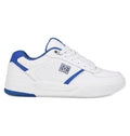 The DC Shoes Men's Fractal S Shoes are white low-top sneakers with blue accents, a blue heel, and the DC Fractal logo on the side. They feature white laces and a white sole highlighted by bold blue details for street-ready style.