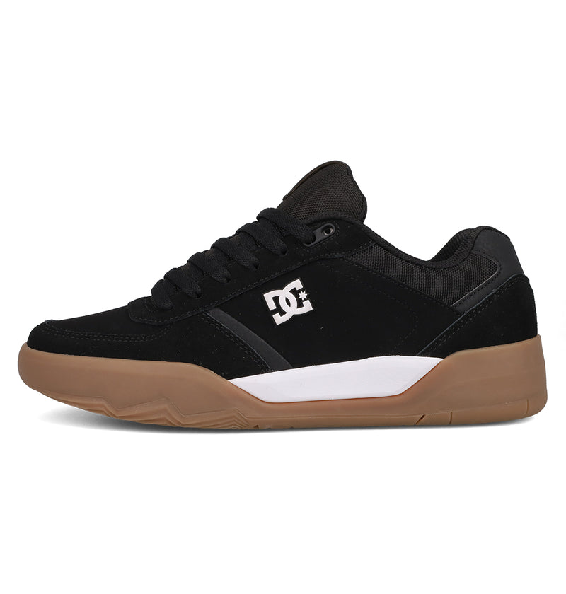 The DC Shoes Men's Fractal S features a black mesh and suede upper, white DC logo, black laces, and a brown rubber sole for street style and performance comfort.