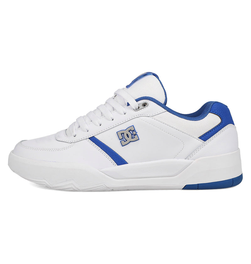 The DC Shoes Men's Fractal S features a white upper, blue accents, blue inner lining, and side logo. With white laces and a thick white sole with blue heel details, this sneaker delivers street style and performance comfort.