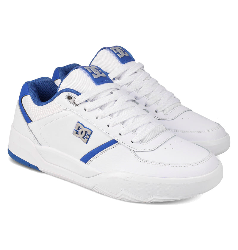 The Men's Fractal S Shoes by DC Shoes feature a white design with blue accents, blue interior lining, DC logos on the side and tongue, white laces, rubber soles, and deliver performance-driven comfort for everyday style.