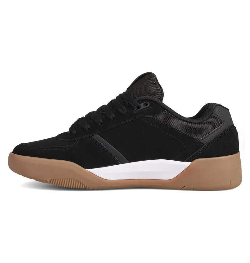 The DC Shoes Men's Fractal S features a black low-top design with black laces, a white midsole, and a light brown outsole—shown in side profile on white—a stylish street-ready sneaker built for comfort and performance.