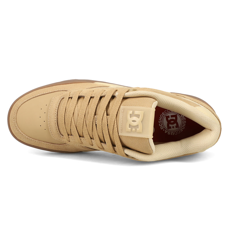 Top view of the DC Shoes Men's Fractal S, featuring tan uppers, beige laces, a perforated toe box, and a brown logo on the tongue—combining street-ready style with performance-driven comfort.