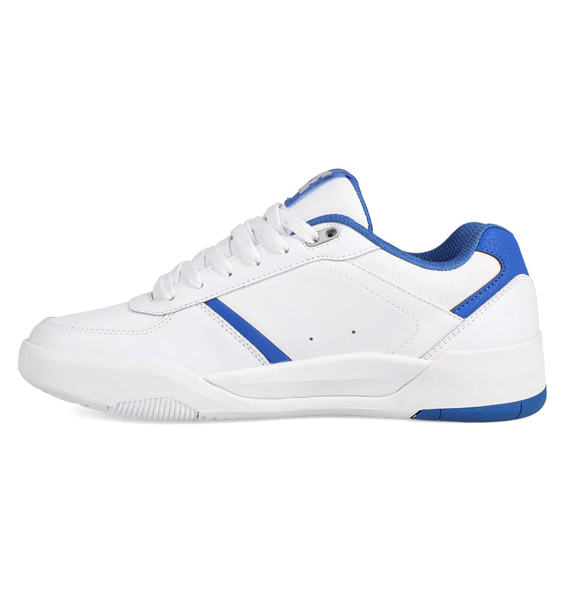 The DC Shoes Men's Fractal S features a minimalistic, low-top design with white and blue accents, white laces, thick white sole, and street-ready comfort inspired by the DC Fractal heritage.