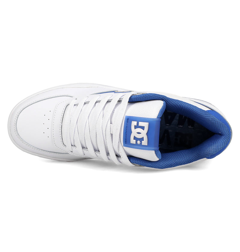 Top view of the Men's Fractal S Shoes by DC Shoes in white, featuring blue interior lining and tongue with a blue and white DC Shoes logo, white laces, toe perforations, and street-ready comfort designed for performance.