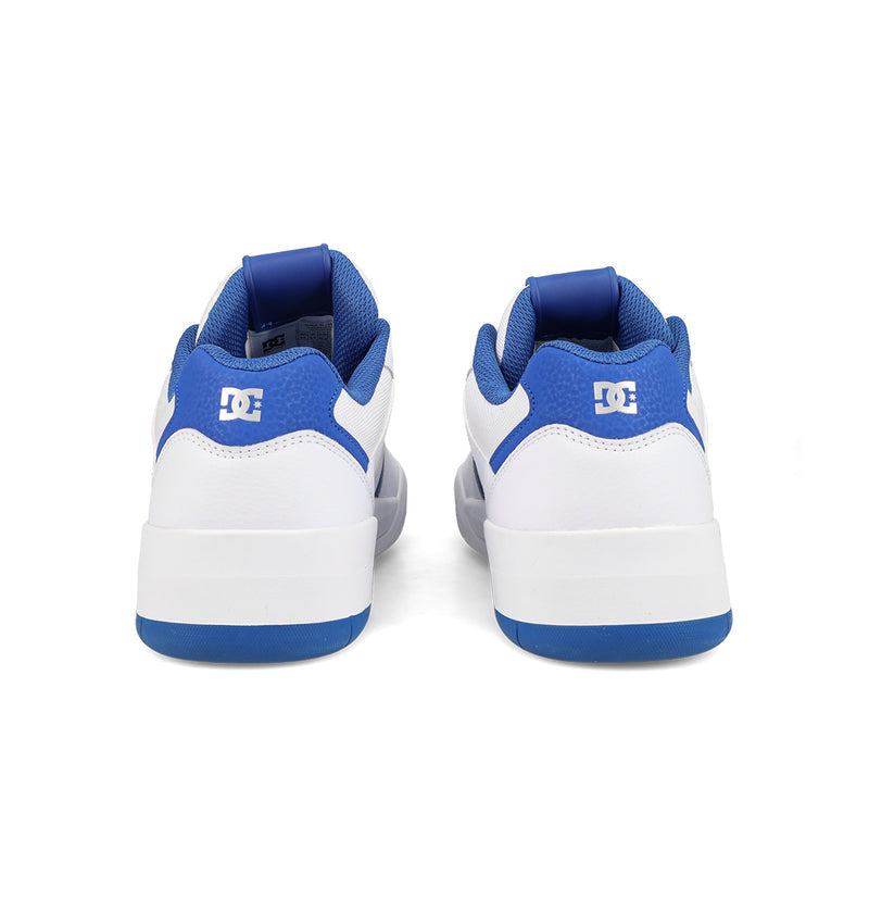 A pair of Men's Fractal S Shoes by DC Shoes in white and blue, shown from the back with the DC logo on the heels and blue accents at the collar and outsole—ideal for street-ready style.