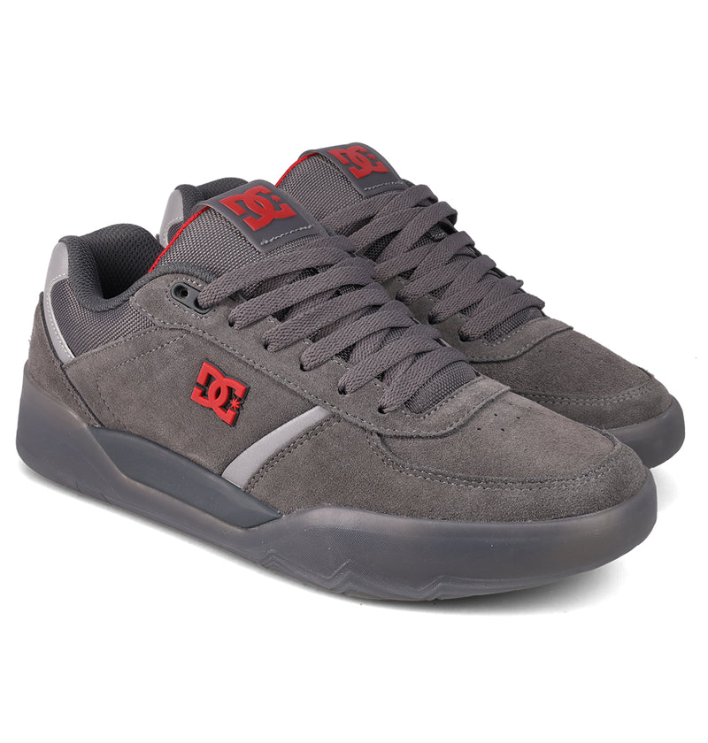 The Men's Fractal SE Shoes by DC Shoes are gray with red DC logos on the tongue and side, gray laces, and dark gray soles, offering street-ready style and comfort—pictured on a white background.