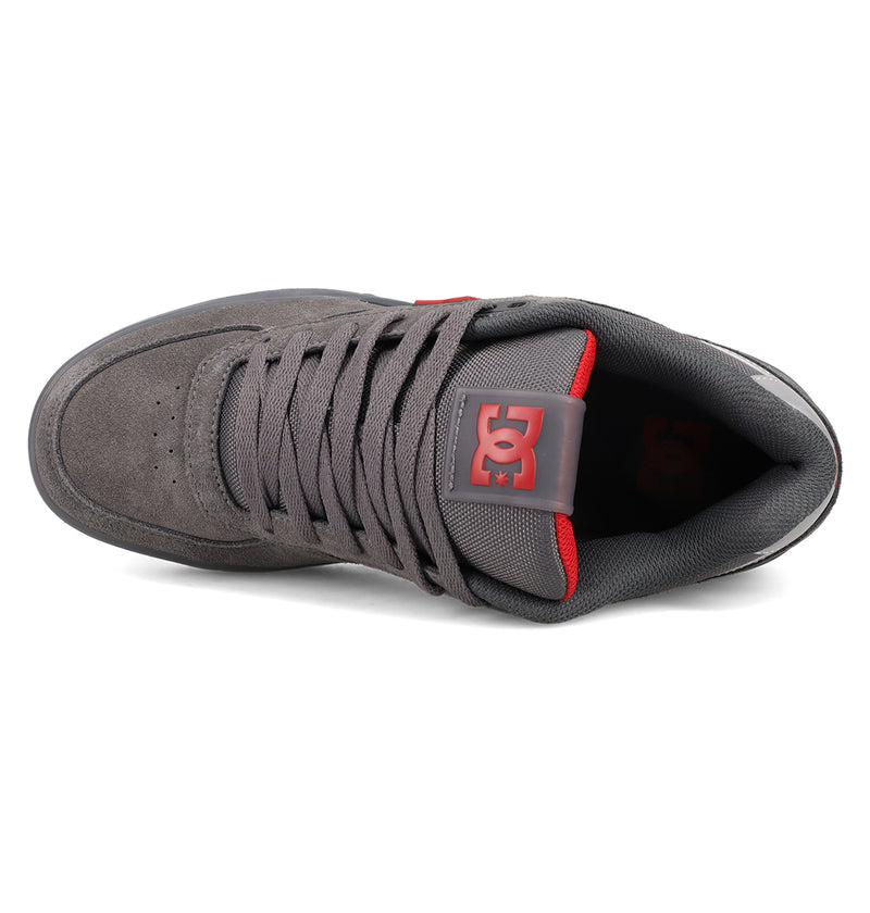 Top view of DC Shoes Men's Fractal SE shoes in gray with a red tongue accent and logo. These sneakers feature gray laces, suede-like texture, padded collar, and deliver everyday comfort and street-ready style.