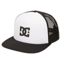 The Men's Gas Station Trucker Hat by DC Shoes features a black brim, white front panel with a bold black DC logo and star, and a breathable mesh back—delivering classic skateboarding style in black and white.