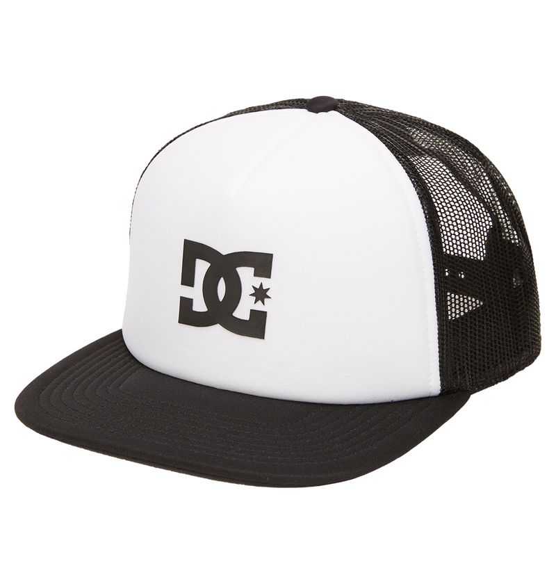 The Men's Gas Station Trucker Hat by DC Shoes features a black brim, white front panel with a bold black DC logo and star, and a breathable mesh back—delivering classic skateboarding style in black and white.