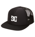 The DC Shoes Men's Gas Station Trucker Hat is black with mesh panels for breathability, a curved brim, and features the white DC Shoes logo on the front.