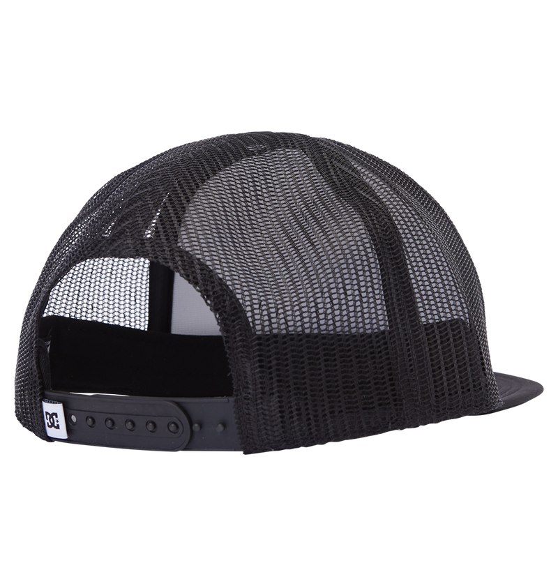 The Men's Gas Station Trucker Hat by DC Shoes is shown from the back, featuring breathable mesh and an adjustable snapback closure—ideal for skateboarding.