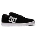 The DC Shoes Men's Gaveler features a black leather upper, white sole, and bold white DC logo on the side, displayed in a side profile view against a white background.