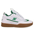 The DC Shoes Men's JS-2 Shanahan Pro Skate Shoes feature a white and green mesh and leather upper, gum rubber sole, lace-up closure, DC branding, green accents, pull tabs on tongue and heel, and John Shanahan-inspired details.