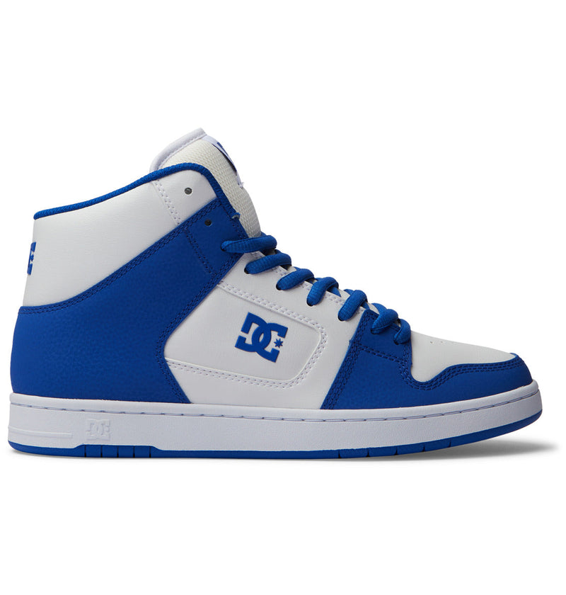The Men's Manteca 4 HI Shoes by DC Shoes are high-tops with a white leather upper, blue laces, a blue sole, and the DC logo in blue on the side.