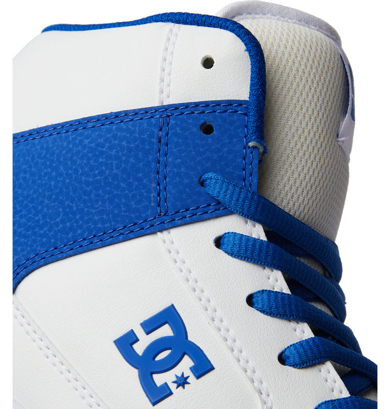 Close-up of the DC Shoes Men's Manteca 4 HI, a white and blue high-top with blue laces, leather upper, textured blue panel, signature logo near the laces, detailed stitching, and a durable outsole for long-lasting wear.