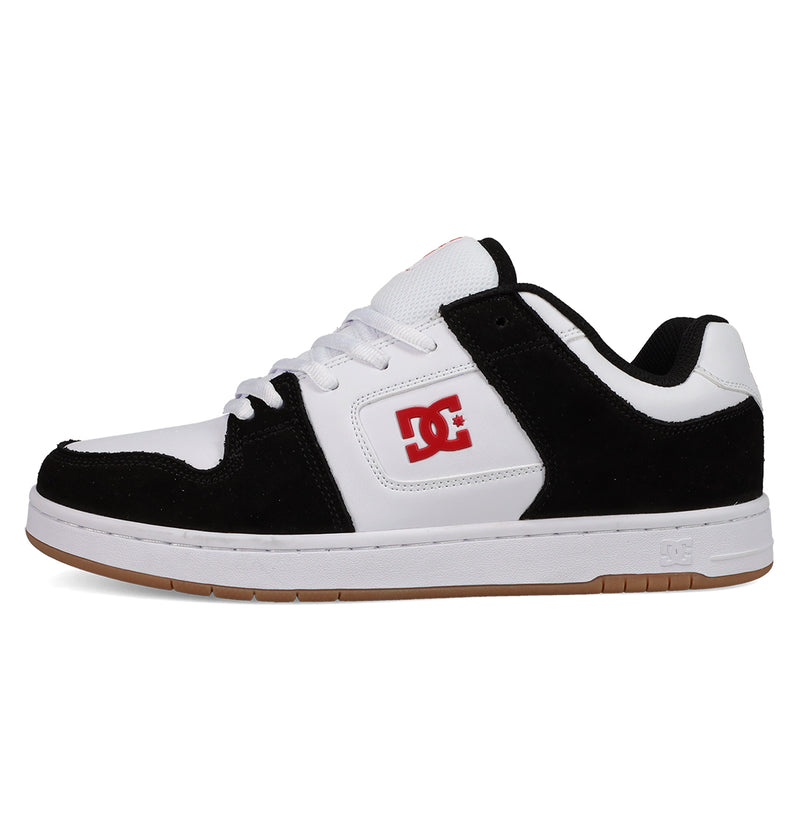 A black and white DC Shoes Men's Manteca 4 skate shoe with a red DC logo, white laces, a white midsole, and a gum-colored outsole for classic style.