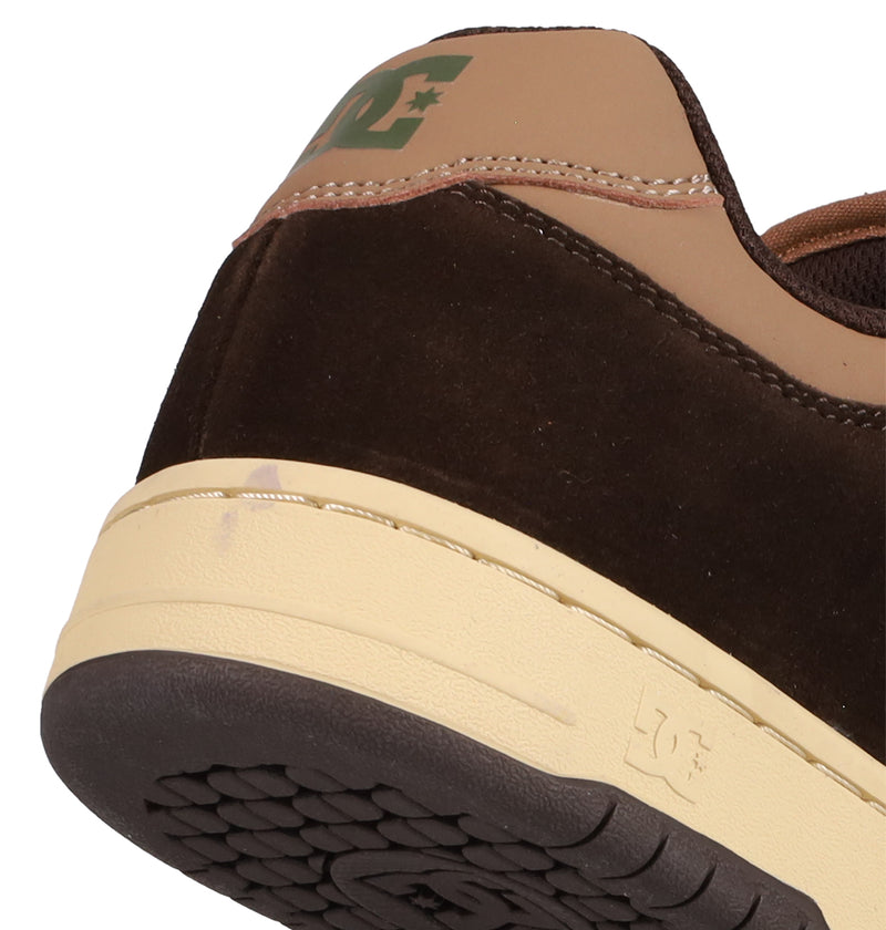 Close-up of the heel and sole of a brown and tan Men's Manteca 4 DC Shoes sneaker, featuring the DC Shoes logo on the heel and textured rubber outsole. The image highlights classic skate shoe details in suede and leather.