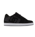 The Men's Net Shoes by DC Shoes feature a black design with a white sole, large DC logo on the side, black laces, and are made from durable fabrics for long-lasting wear.