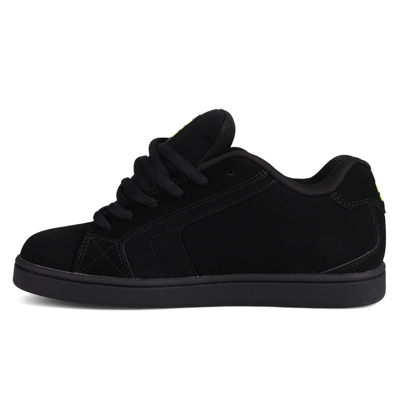 The DC Shoes Men's Net Shoes are black puffy sneakers with durable fabrics, thick laces, a padded tongue and collar, and a flat rubber sole, shown in side profile on a white background.