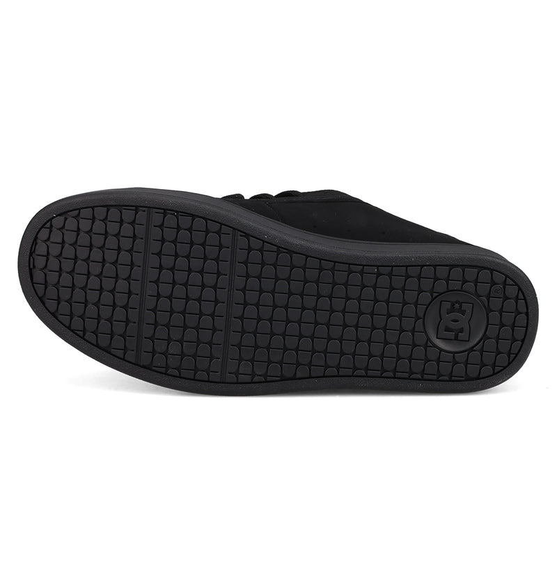 The image shows the black rubber sole of the Men's Net Shoes by DC Shoes, featuring a grid-like tread pattern and a circular DC logo near the heel.