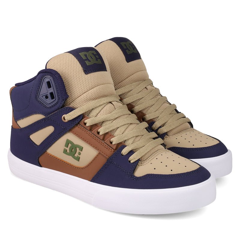 DC Shoes Men's Pure High Top WC Shoes in tan, brown, and dark blue feature beige laces, perforated toe caps, white rubber soles, and DC branding on the side and tongue.