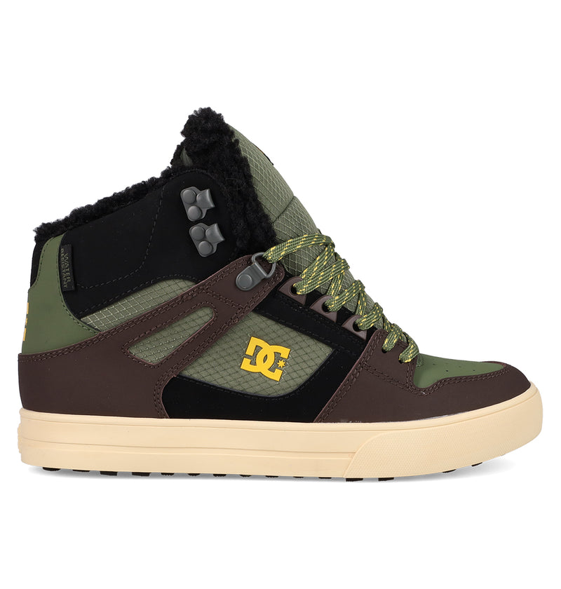The Men's Pure High Top WC Shoes by DC Shoes feature green, brown, and black panels, a yellow logo, patterned laces, beige sole, and cozy black fleece-like lining—vintage-inspired style perfect for skate shoe fans.