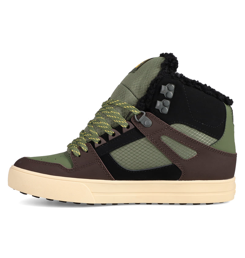 The Men's Pure High Top WC Shoes by DC Shoes are vintage-inspired sneakers in green, brown, and black with yellow-green laces, beige sole, mesh panels, a padded fuzzy collar, and mixed suede, mesh, and leather-like materials.