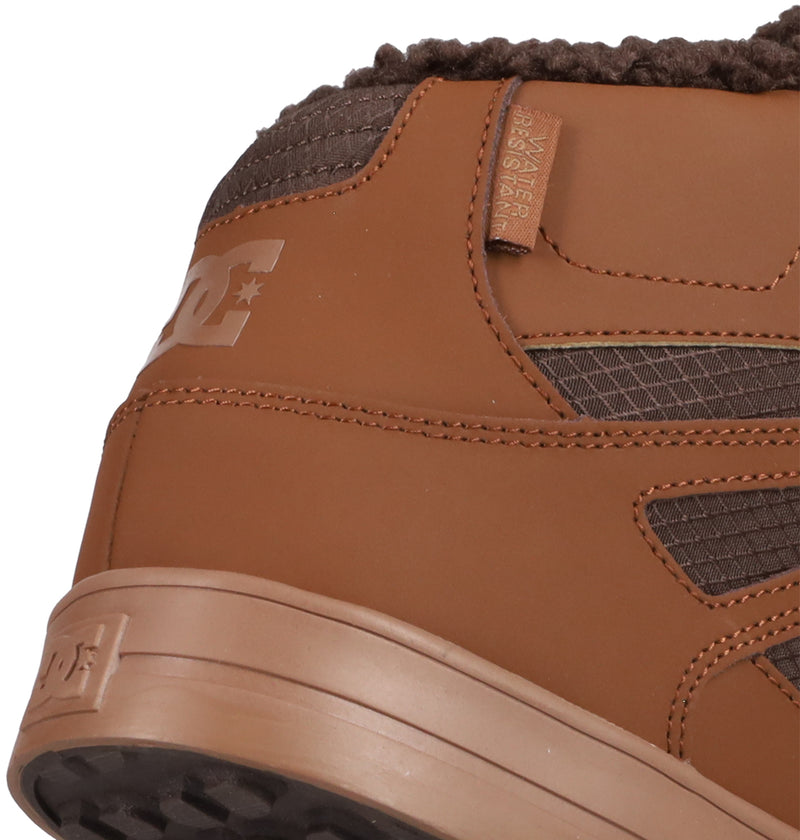 Close-up of the back and side of a brown DC Shoes Men's Pure High Top WC, featuring a textured dark brown collar, WATER RESISTANT tag by the ankle, plus visible vulcanized outsole and stitching details.