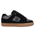 The DC Shoes Men's Pure Shoes are black and gray low-top skate shoes with a gum sole, black laces, and the DC logo on the side—ideal for skating sessions or casual wear.