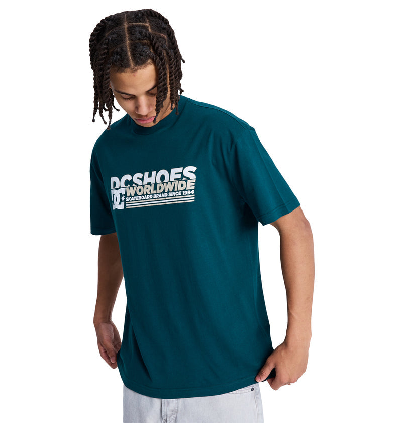 A person with braided hair wears a teal Reebok Queltra Lhss t-shirt and light-colored pants, looking down while holding the bottom of the shirt. The background is plain white.