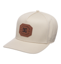 The Men's Reynotts Cap by DC Shoes is a beige six-panel skate cap with a curved brim and a brown leather patch on the front featuring the DC logo.
