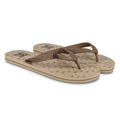 The Men's Spray Graffik Slides by DC Shoes feature beige soles with brown straps, a small star pattern, and the DC logo—perfect must-have slides for relaxing after a skate session.