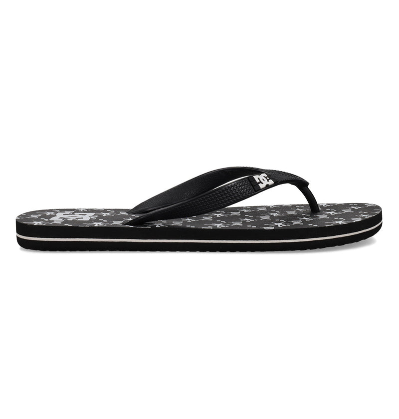 The DC Shoes Men's Spray Graffik Slides are black slip-on sandals with a textured strap and a patterned sole of gray and white shapes, plus a thin white side stripe—ideal for relaxing after skating.