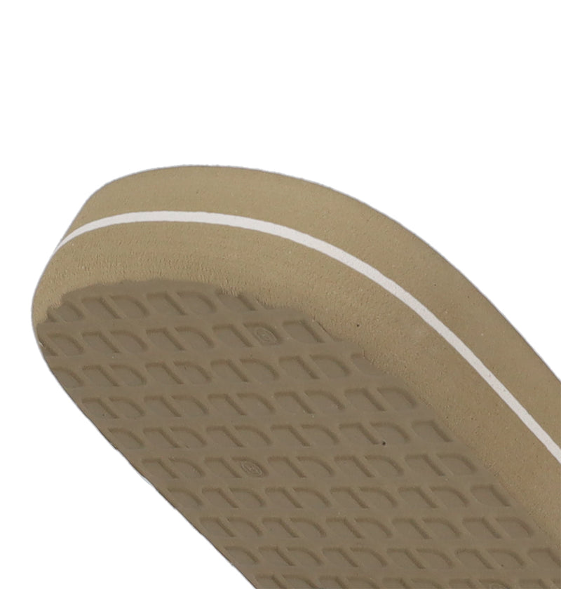 Close-up of the beige sole on DC Shoes Men's Spray Graffik Slides, showing a textured, grid-like tread and a slim white edge stripe—delivering great grip for your next skate session.
