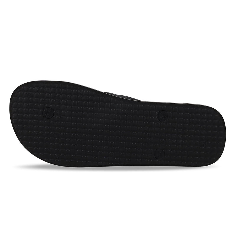 The image displays the bottom view of the DC Shoes Men's Spray Graffik Slides, a black slip-on sandal featuring a textured, grid-patterned rubber sole.