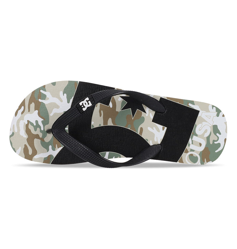 The DC Shoes Men's Spray Graffik Slides feature a black strap and camo-print sole with bold black and white graphics plus partially seen "USA" text—ideal for slipping on after skating.