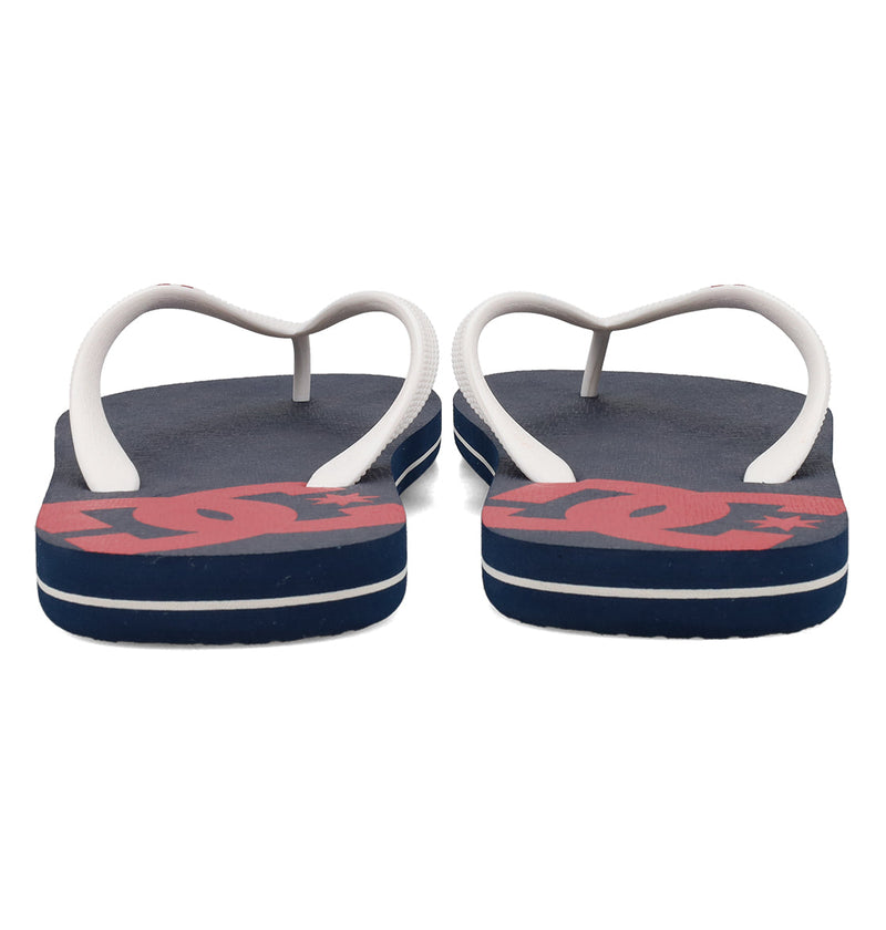 A pair of navy blue DC Shoes Men's Spray Slides with white straps, seen from the back. The footbeds have a large red logo, partly visible—must-have slides for everyday comfort.