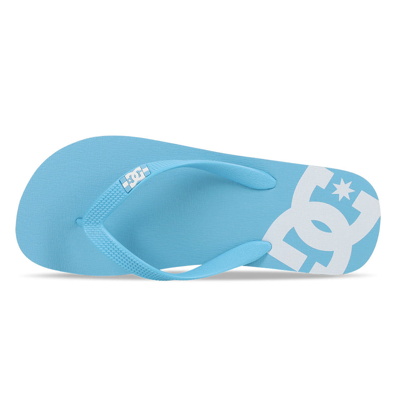 A single Men's Spray Slide by DC Shoes in light blue, with a white DC Shoes logo and star on the footbed, viewed from above against a white background—ideal for post-skate comfort.
