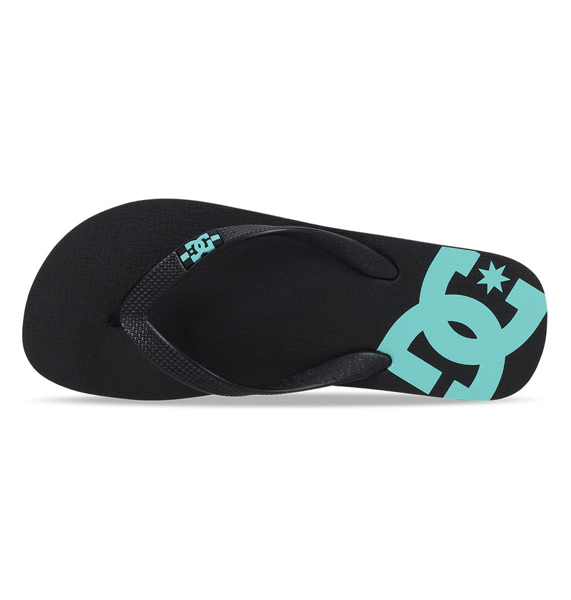 The Men's Spray Slides by DC Shoes feature black slip-on design, textured straps, and a bold turquoise DC Shoes logo on the heel—ideal for relaxing after a skate session.